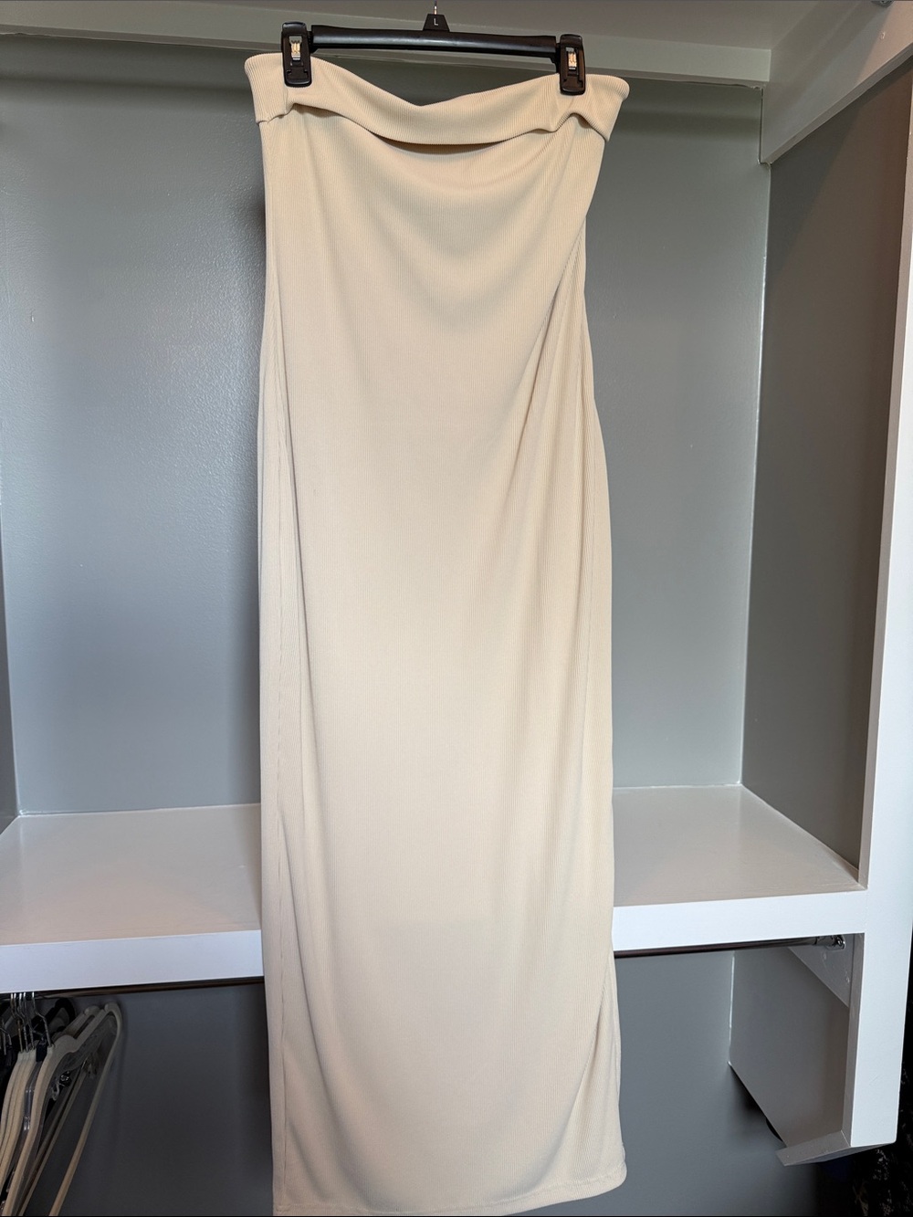 Strapless Cream Maxi Dress with Folded Neckline
